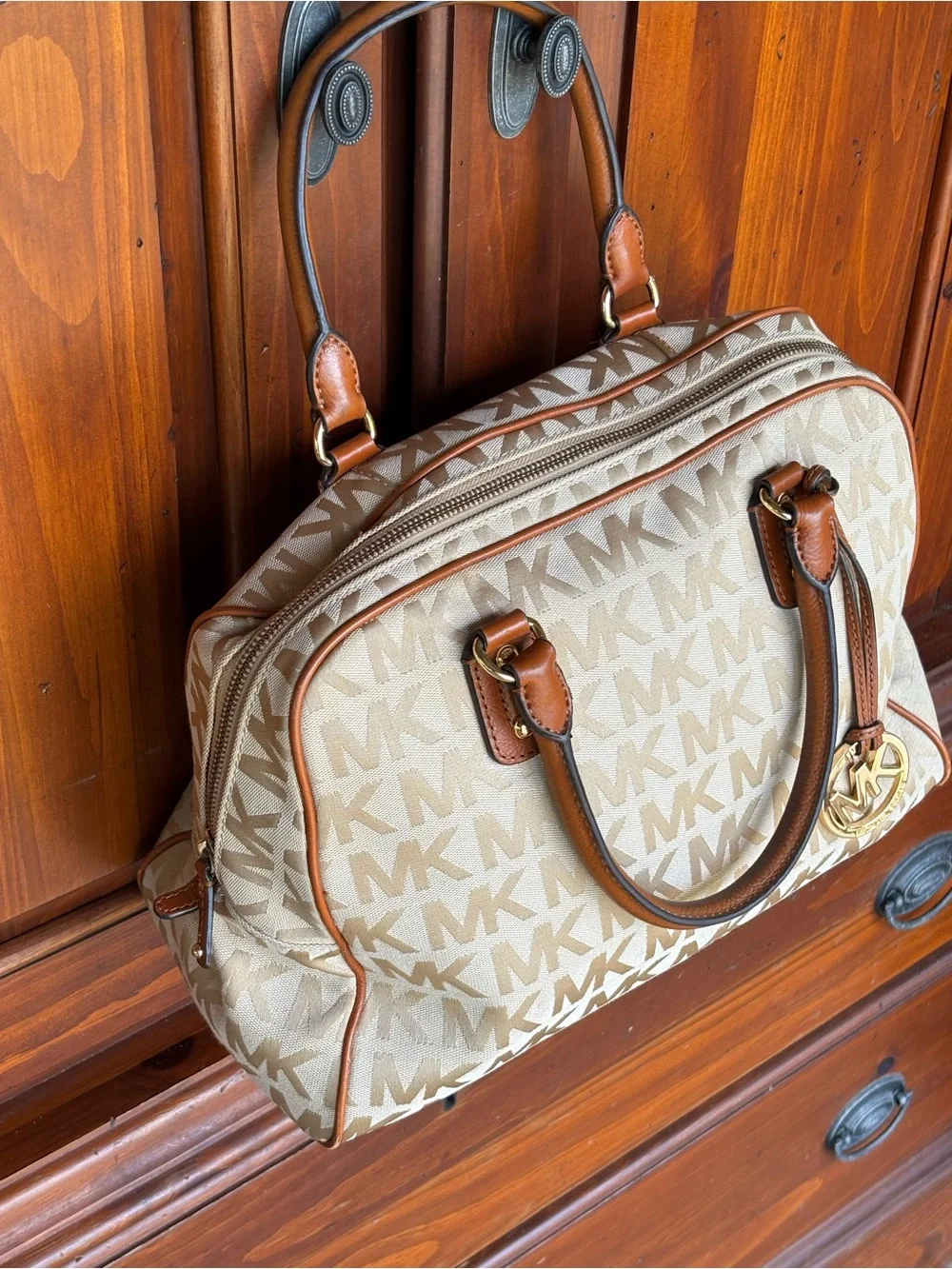 Michael Kors Beige and Brown Logo Satchel with Gold MK Charm